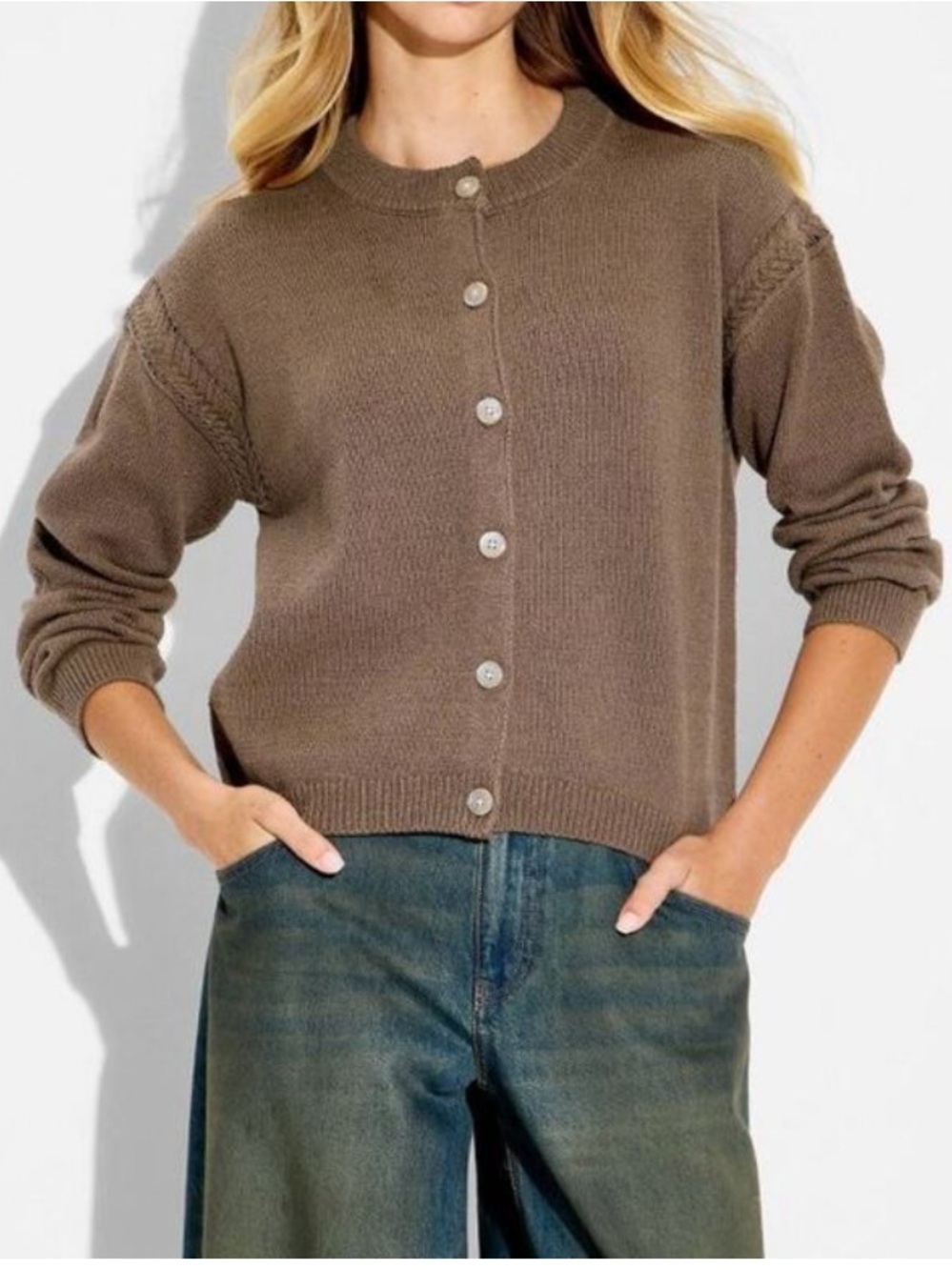 WILD FABLE Women's Crewneck Cable Trim Cardigan - Wild Fable